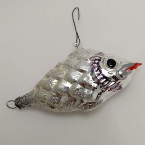 Vtg Glass Fish Ornament Silver Glitter Painted Purple Broken Tail West Germany